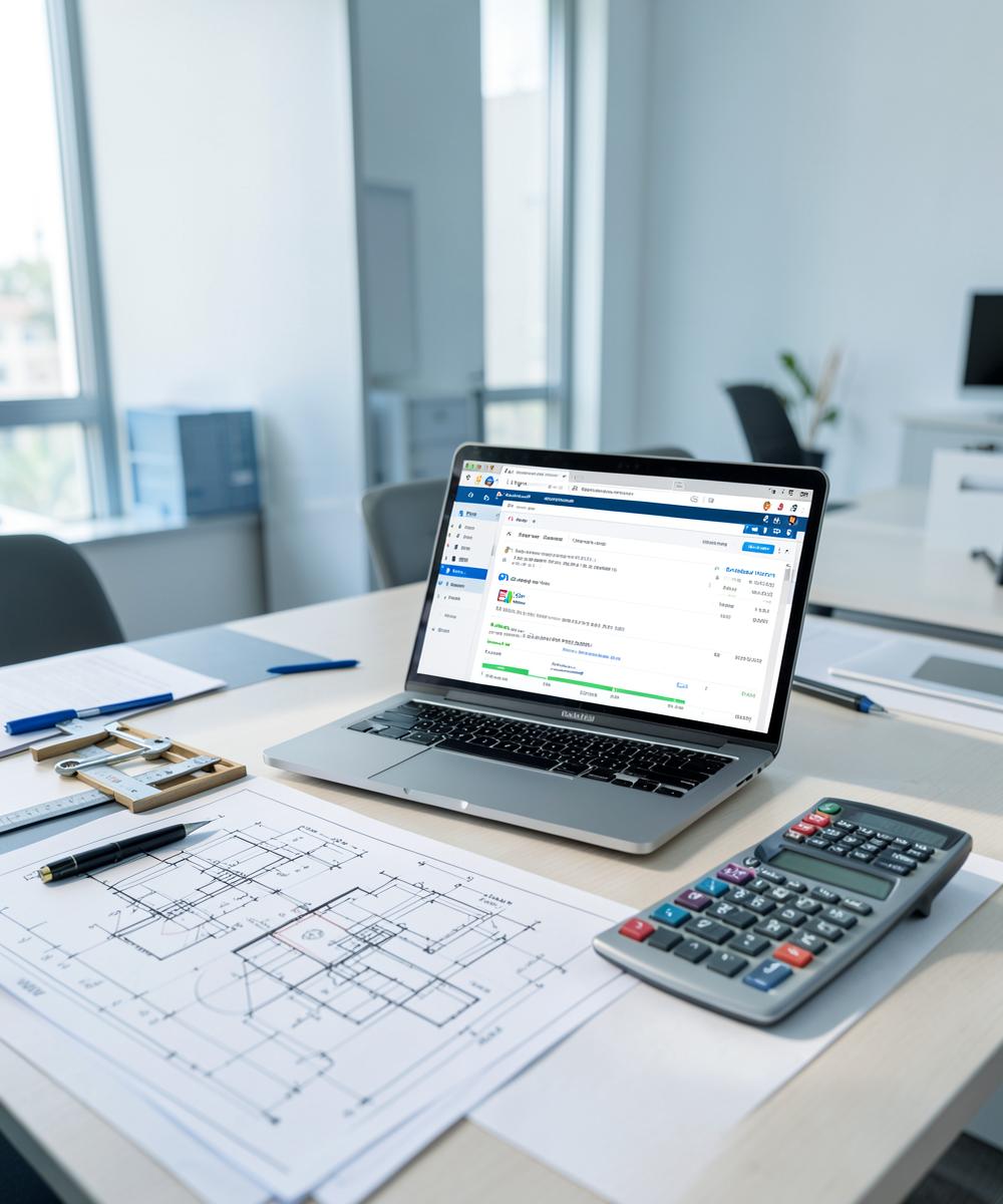 Mesa de trabalho com projetos de engenharia, calculadora e computador